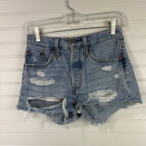 Levi’s womens 501 denim button fly, distressed denim jeans. Size 24